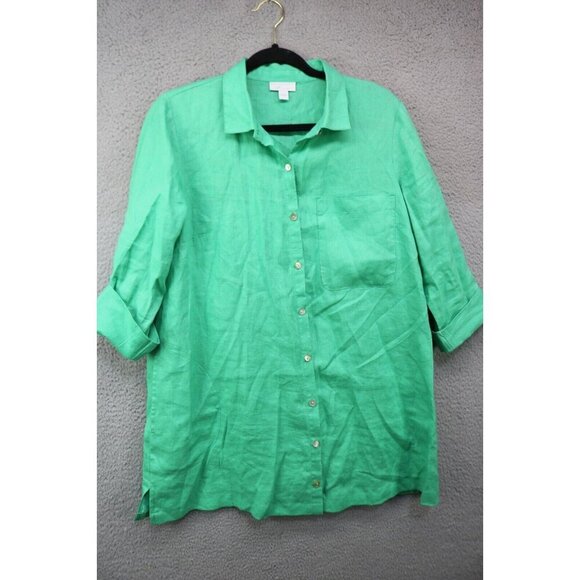 J. Jill Love Linen 3/4 Sleeve Button-Up Tunic-Green-100% Linen-Pockets-Small - Picture 1 of 10